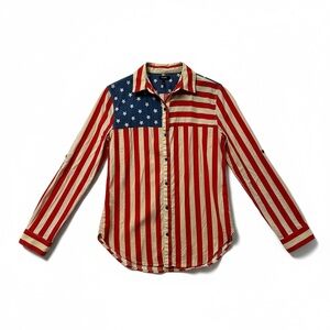 Nollie American Flag Western Shirt Roll Tab Sleeves Retro USA Print Womens M